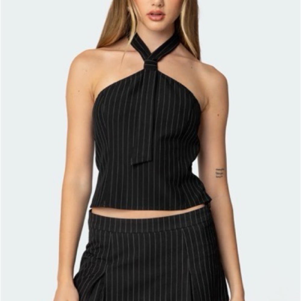 Edikted Black and White Striped Halter Blouse